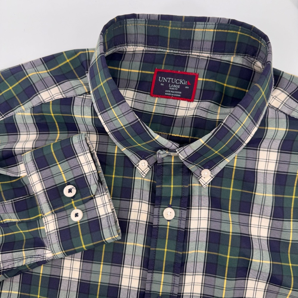 UNTUCKit Button Down Shirt Mens Large Navy Green Plaid Slim Fit Long Sleeve